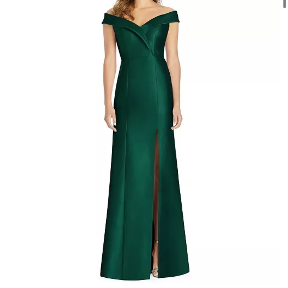Macy’s Emerald Alfred Sung Off-the-Shoulder Satin Gown